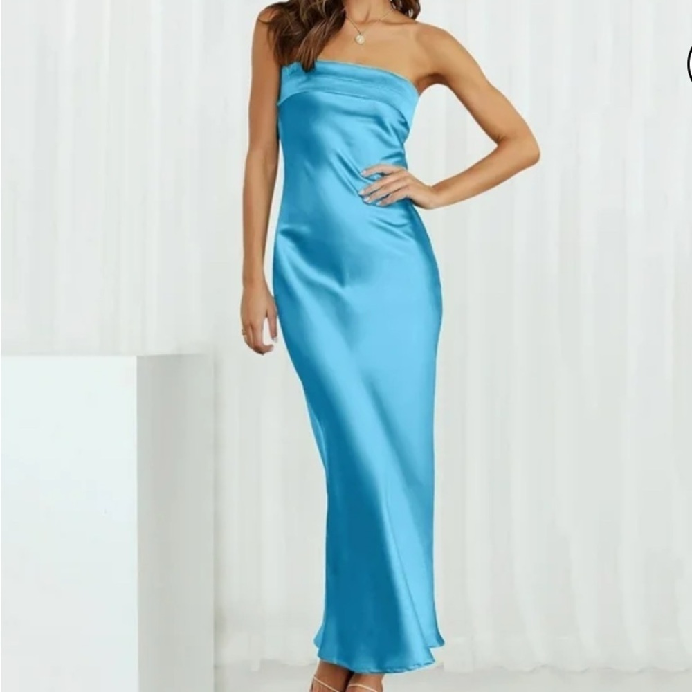 DELI S Satin Strapless Dress Backless Bodycon Party Maxi Dresses Blue.size 4